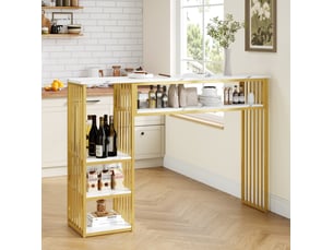 Table de bar 140x40x105 cm avec rangements, décor marbre blanc et doré