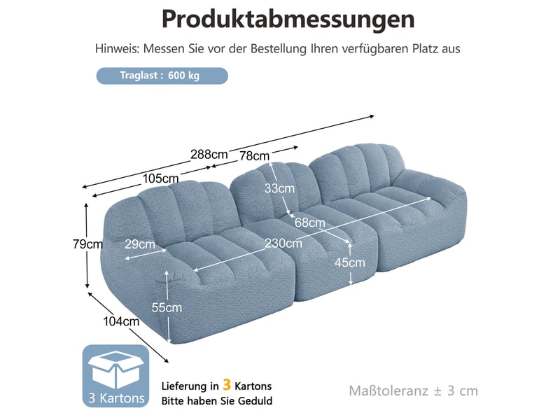 Canapé modulable 3 places bleu en tissu bouclette, sans cadre, à assise profonde, confortable pour le salon familial. - Conforama C