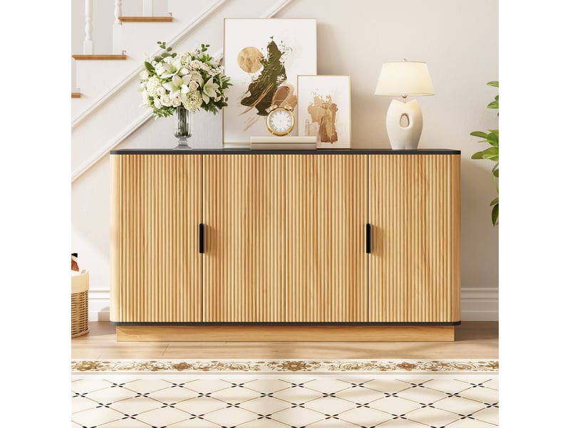 Buffet bas 139x40x75 cm, bahut enfilade salon et salle à manger, meuble de rangement 4 portes, façade rainurée, effet bois - naturel - Conforama D