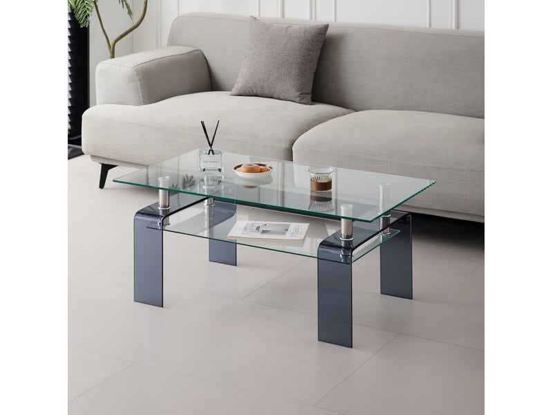  Table basse 100x55x45 cm en verre trempé transparent à pieds gris  - Conforama B