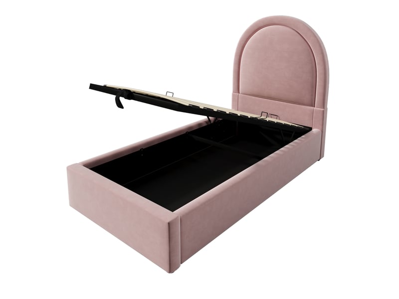 Lit coffre enfant 200×90 cm avec rangement sous le sommier, sans matelas, en velours rose avec tête de lit arrondie - Conforama E