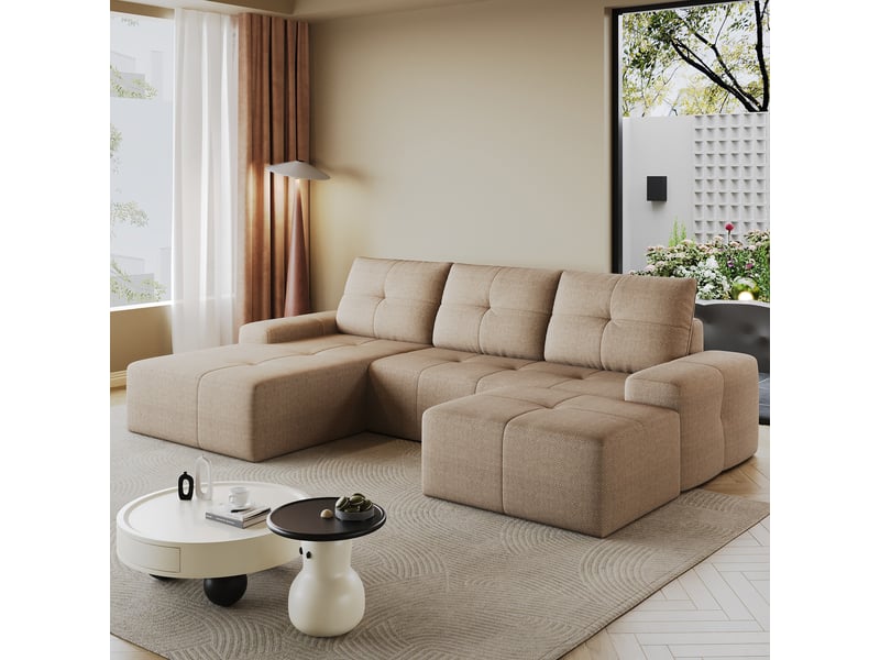  Canapé d’angle 3 places compressé 262x172x82cm, canapé en l, pouf inclus, mousse haute élasticité, tissu - kaki CozyNest - Conforama B