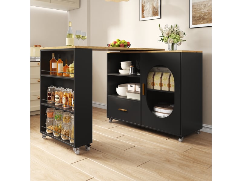  Îlot de cuisine, mdf et métal, rangements intégrés, portes en verre strié, 120–180 cm, pour cuisine et salle à manger - naturel et noir C-DEGAYUN - Conforama D