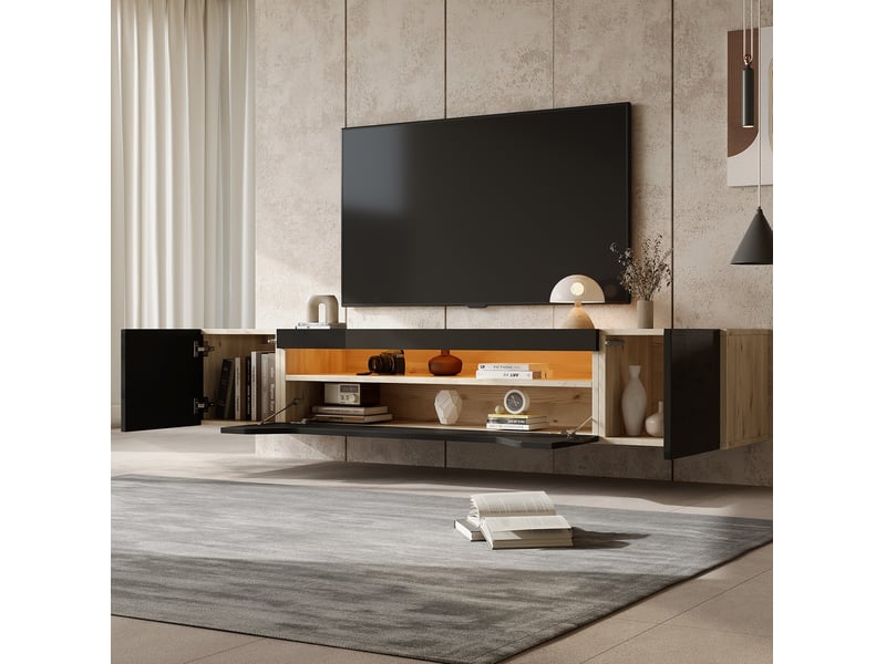 Meuble tv mural 180 x 37 x 36 cm avec led et rangements, noir et bois - Conforama E