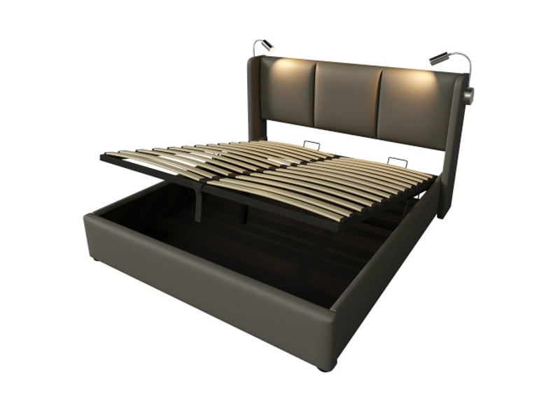  Lit coffre,160x200 cm,avec matelas, lampe de lecture et usb,pu,gris  - Conforama A