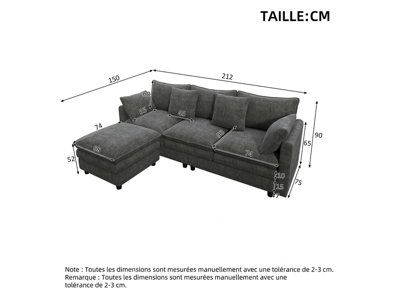 Canapé d'angle en l gris 3 places avec méridienne mobile 212 x 150 x 90 cm confort chenille - Conforama C