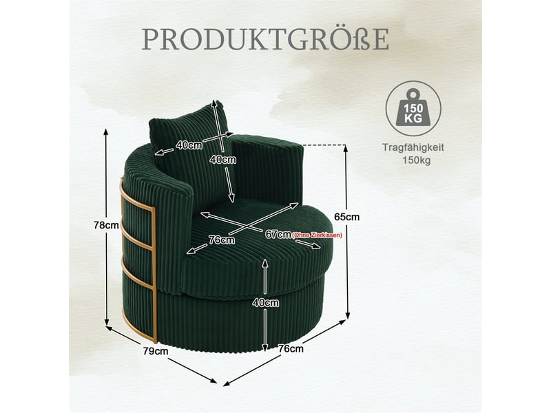  Fauteuil pivotant 360°  76 x 79 x 78 cm – coffre de rangement intégré &amp; coussin inclus –velours côtelé - vert  - Conforama C