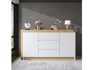 Bureau rotatif 120x50x76,5 cm, 2 portes et 3 tiroirs, rangement, meuble chambre, panneau de particules, blanc et chêne
