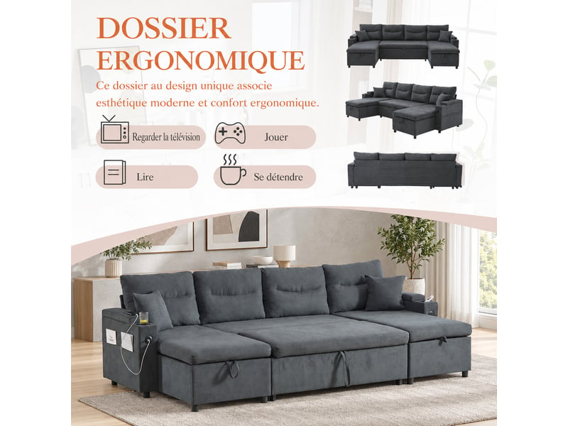  Canapé 4 places gris foncé 272 x 136 x 86 cm, double méridienne avec rangement, couchage, porte-gobelets et usb-c  - Conforama D