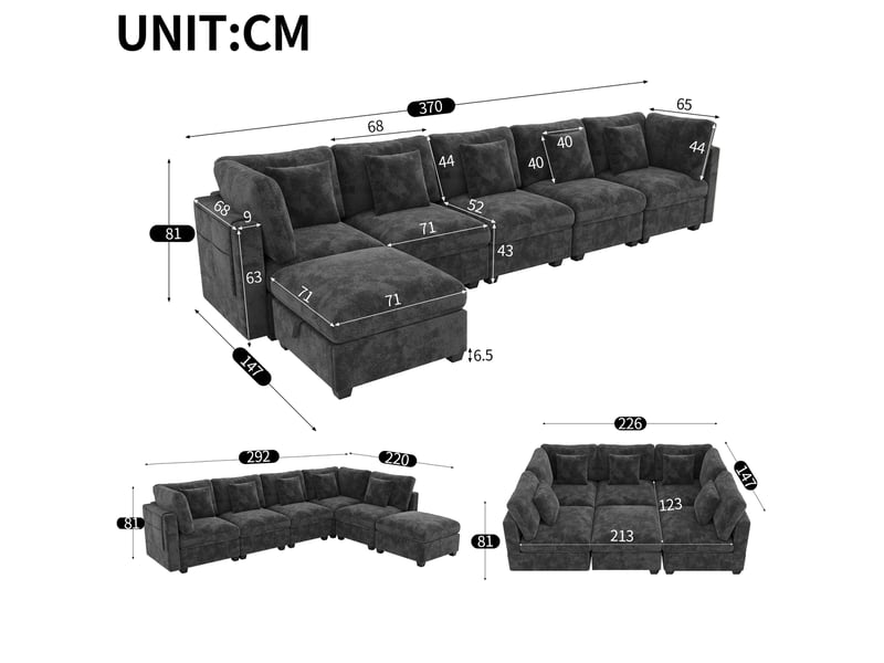  Canapé d’angle modulable avec rangement xl 6 places 370 x 147 x 81 cm grand canapé en l avec méridienne et pouf chenille gris  - Conforama C