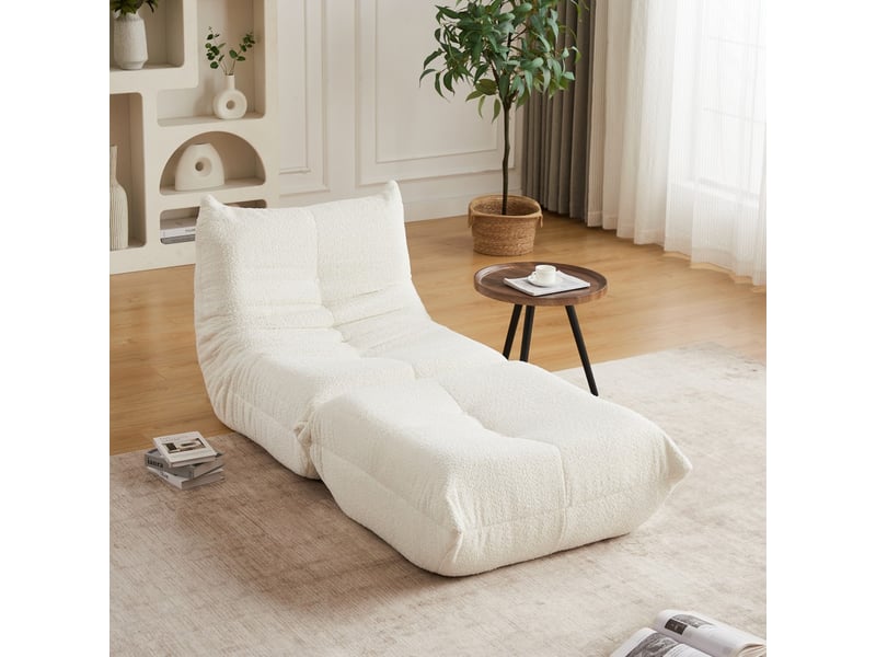  Fauteuil de sol et repose-pieds, chauffeuse ergonomique, mousse haute densité, salon, max 150kg, en chenille blanc  - Conforama B