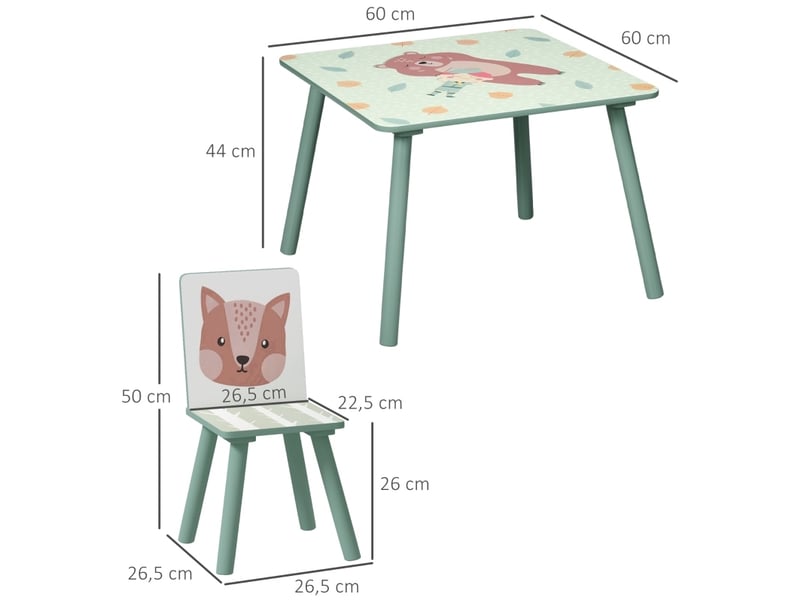  Ensemble table et 2 chaises enfant 60 x 60 cm vert en bois, motifs animaux pour activités 3 à 8 ans  - Conforama C
