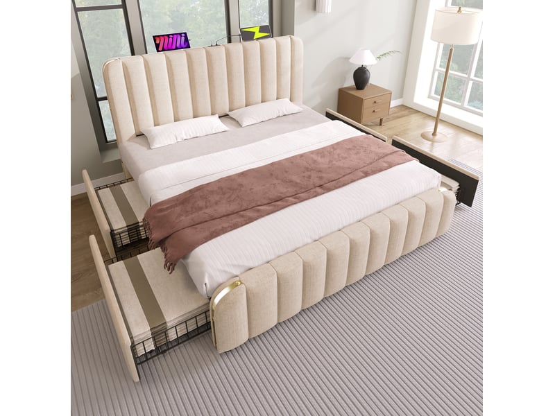 Lit double beige 180 x 200 cm avec matelas, 4 tiroirs, ports usb et type-c - Conforama B