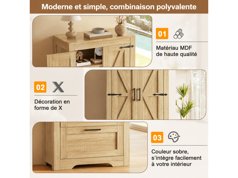  Buffet haut 60x30x128 cm avec portes style grange, 2 tiroirs et étagères réglables, meuble rangement cuisine mdf naturel OMNIGLINT TRADING LTD - Conforama E