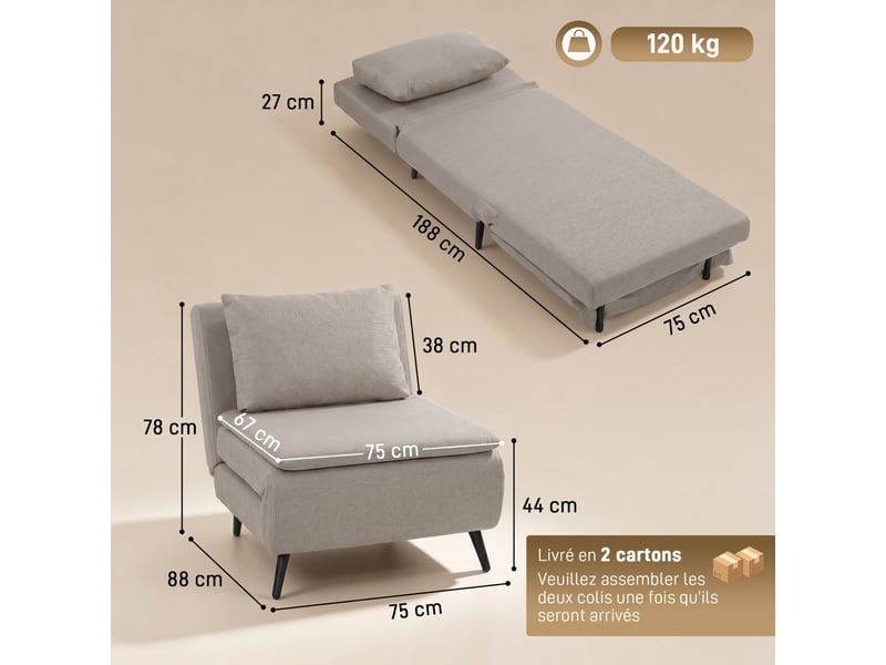  Fauteuil convertible 1 place, fauteuil-lit clic-clac 3 en 1, 75x88x78cm, marron clair  - Conforama E