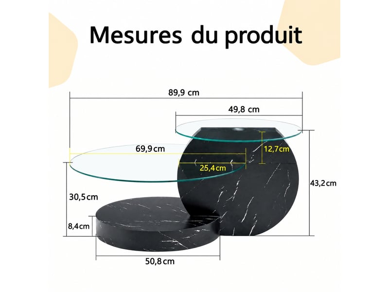  Muvano table basse en verre trempé avec double plateau de rangement, table de salon en mdf noir, 89,9 x 69,9 x 43,2 cm  - Conforama E
