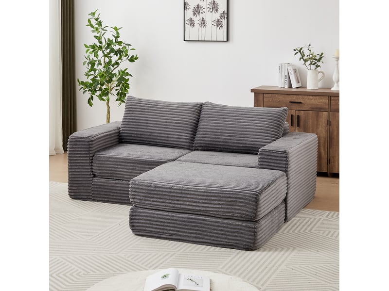  Canapé convertible 2 places en velours côtelé gris avec pouf amovible et 2 coussins  - Conforama B