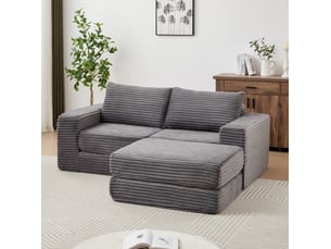 Canapé convertible 2 places en velours côtelé gris avec pouf amovible et 2 coussins
