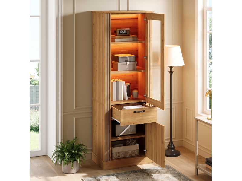 Buffet 62x41x180 cm avec porte, éclairage led piloté par application, tiroir, panneau de particules, couleur naturel - Conforama D