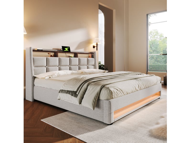  Lit coffre 140 x 200 cm en lin beige clair avec led et prises usb  - Conforama D