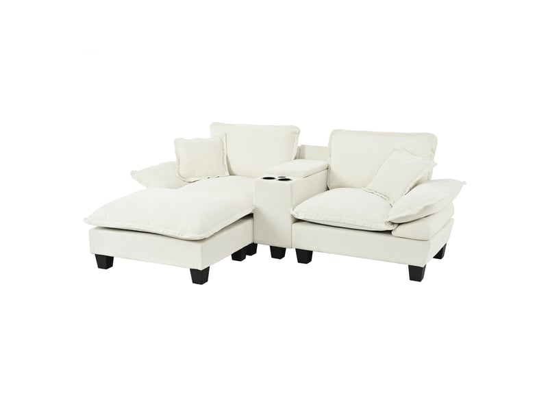  Canapé d'angle modulable beige avec pouf, ports usb et rangement - tissu chenille 224x151x90 cm  - Conforama A