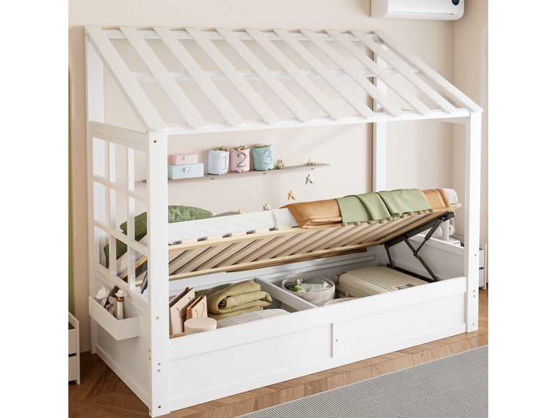  Lit coffre enfant, 90x200 cm, design cabane, fenêtres, toit, sommier à lattes, matelas non inclus, bois, coloris blanc  - Conforama D