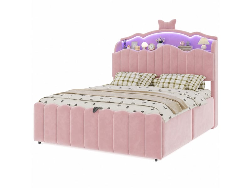  Lit coffre enfant modenvie 140 x 200 cm en velours rose avec led, usb et usb-c  - Conforama A