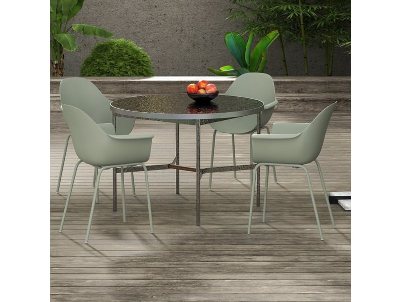 Lot de 4 chaises de jardin vertes avec accoudoirs, dossier haut et structure en métal, résistantes aux intempéries - Conforama B