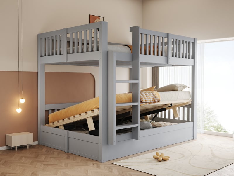  Lit superposé enfant 140x200, avec coffre hydraulique robuste, rangement intégré, gris  - Conforama B