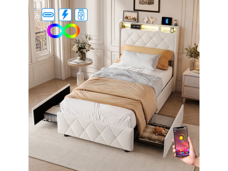  Lit simple rembourré 90x200 cm ,lit adulte avec led et 2 tiroirs ,ports usb ,tête de lit avec rangement ,velours ,beige  - Conforama B