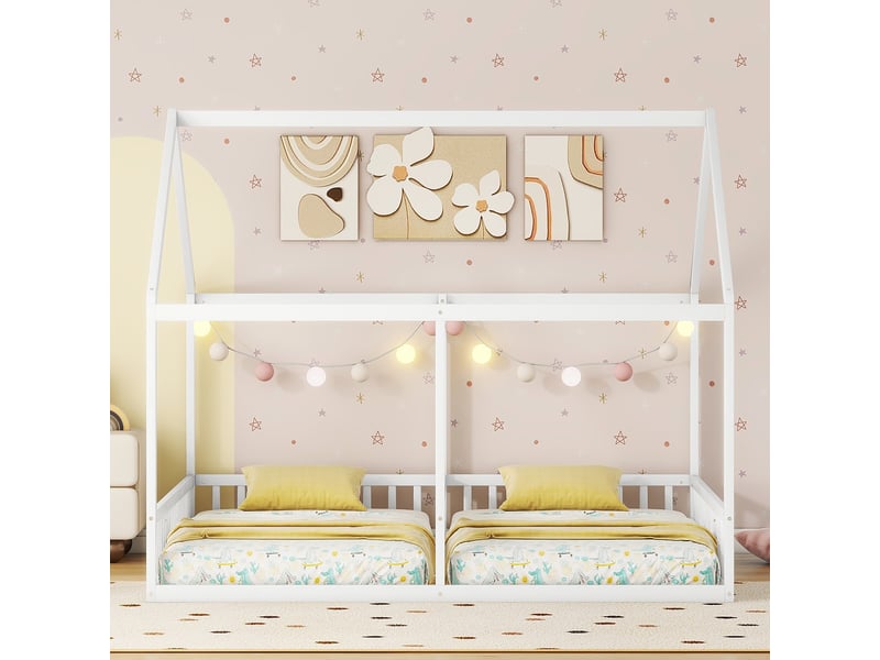  Lit cabane double pour enfants, 2 couchages de 90 x 200 cm côte à côte, barrières, structure en pin et mdf blanc  - Conforama R