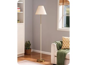 Lampadaire retro conique e27 2700k interrupteur au pied base dorée, abat-jour coton lin blanc cassé