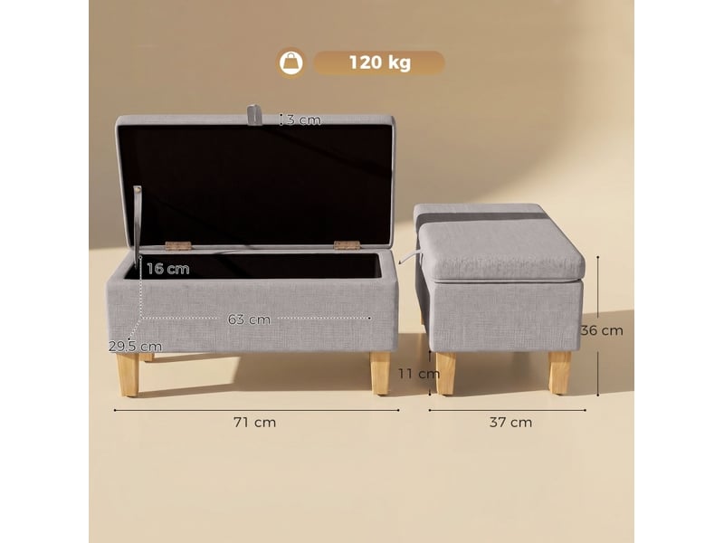  Banc coffre 71x37x36 cm, rangement intégré, pieds métal, assise douce, meuble bureau et salon, bois et lin, gris clair  - Conforama C