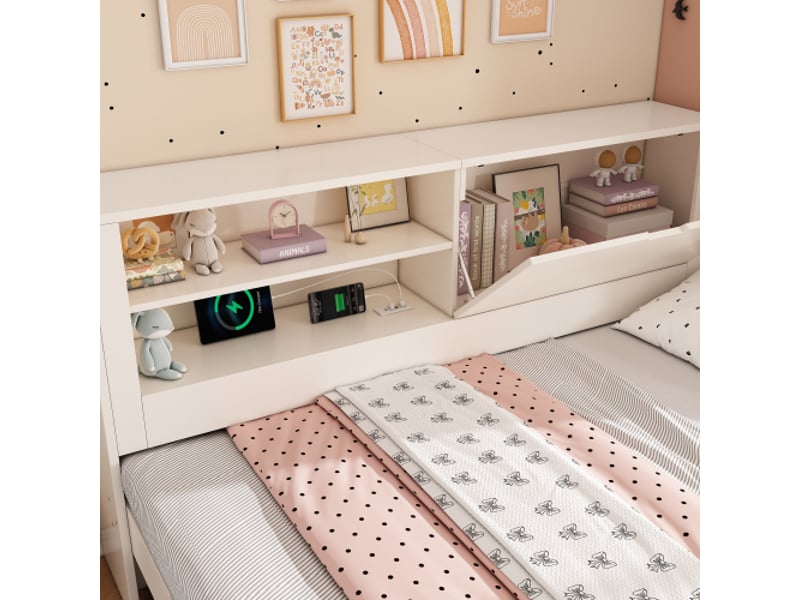  Lit enfant 90x190 cm avec lit gigogne 90x190 cm, lit simple avec dossier rangement, usb et sommier à lattes, blanc OPULERANE TRADING LTD - Conforama E