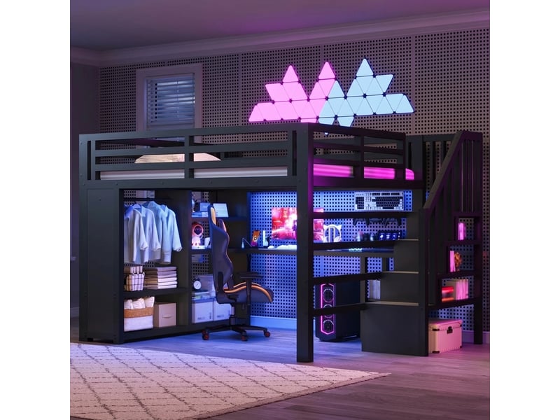  Lit mezzanine gaming 140x200 avec bureau intégré, led, usb et penderie, métal noir  - Conforama B