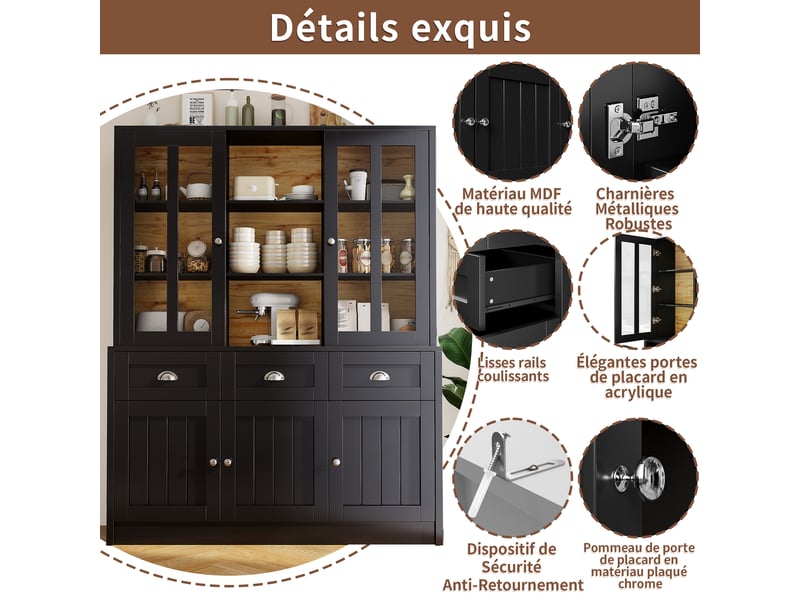  Meuble de cuisine muvano, buffet haut noir avec tiroirs et portes vitrées, 140 × 38,5 × 175 cm  - Conforama E