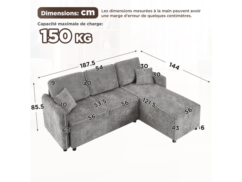  Canapé d'angle, canapé 3 places, en chenille, 144 cm, pour salon et séjour, adapté à l'espace de vie  - Conforama D
