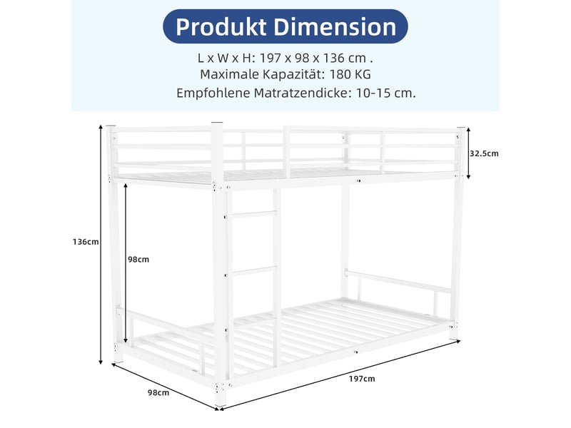  Lit superposé bas - 136cm - garde-corps 33cm - métal robuste - blanc  - Conforama R
