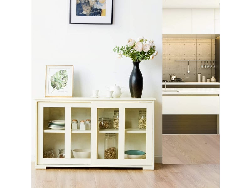 Costway buffet commode bas avec 2 etagères, tablette hauteur réglable, 106,5 x 33 x 62,5 cm, beige (porte verre)  - Conforama E