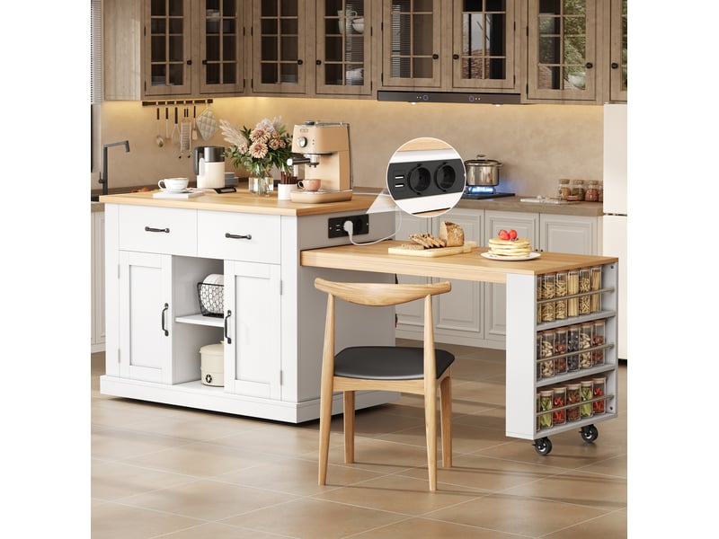 Îlot de cuisine avec table extensible, 2 portes, 2 tiroirs, prises et rangements, blanc et chêne, 132 × 60 × 93 cm - Conforama C