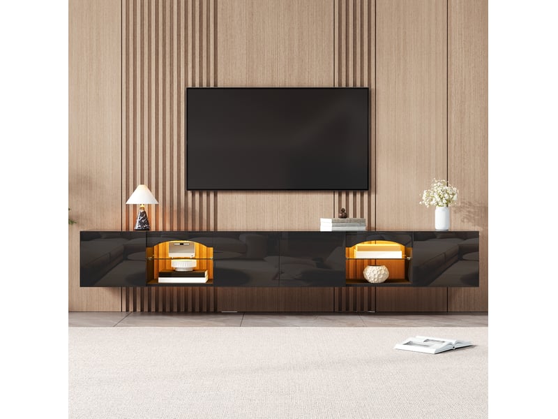  Meuble tv bas tcqpz 200 x 30 x 28 cm 4 portes led contrôlée par application noir  - Conforama B