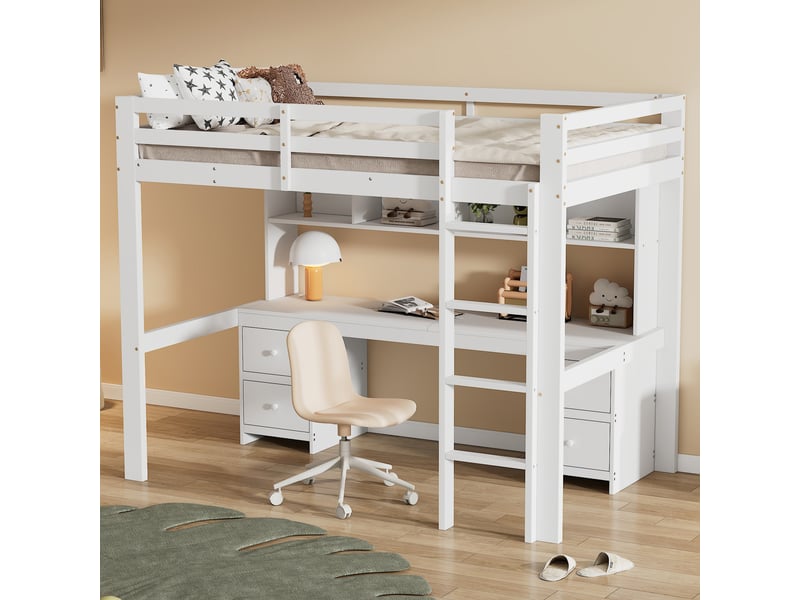  Lit mezzanine enfant 90 × 200 cm 1 place avec bureau, 4 tiroirs et 4 étagères, sans matelas, en pin, blanc  - Conforama C