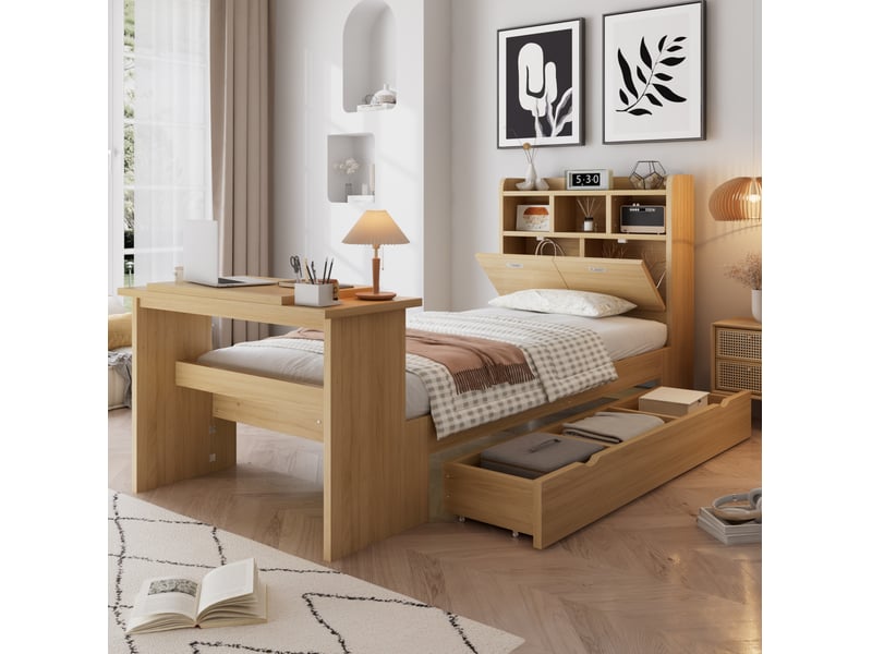  Lit enfant 90x200 cm rangement et table rabattable en bois coloris naturel  - Conforama B