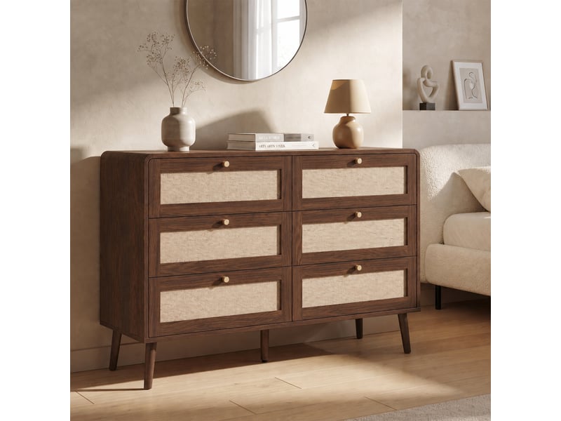 Commode 6 tiroirs de 120 cm de large, meuble d'appoint aux veinures alternées en rotin et noyer, coins arrondis et pieds surélevés, coloris noyer - Conforama E