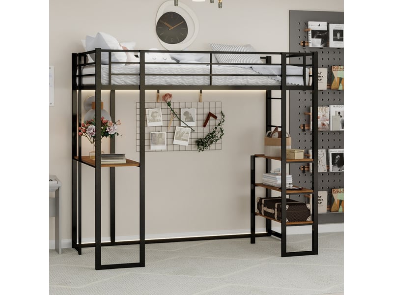  Lit simple 90x200 cm avec bureau en l, lit mezzanine avec barrières de sécurité, lit 1 personne, noir  - Conforama A
