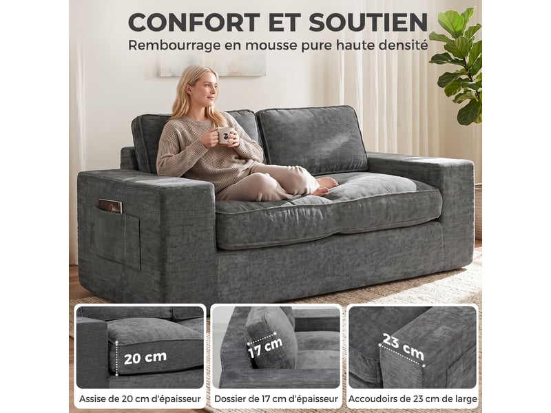  Canapé 2 places en chenille, canapé de salon 156 cm, assise et accoudoirs larges rembourrées, gris, 2 oreillers  - Conforama E