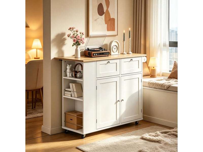  Îlot de cuisine avec plateau pliant 101x62x86 cm, desserte de cuisine à roulettes avec tiroirs, blanc et chêne  - Conforama E