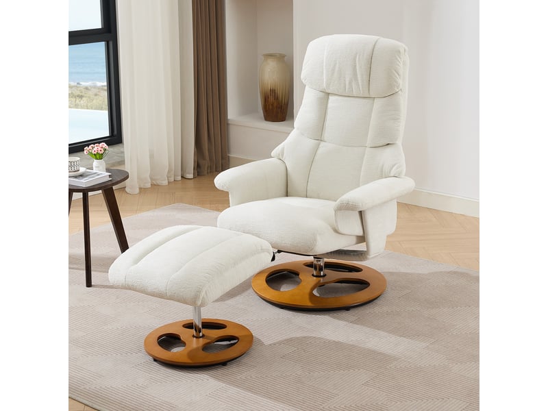  Fauteuil relax massant et chauffant inclinable, repose-pieds, pivot 360°, tissu chenille blanc  - Conforama B