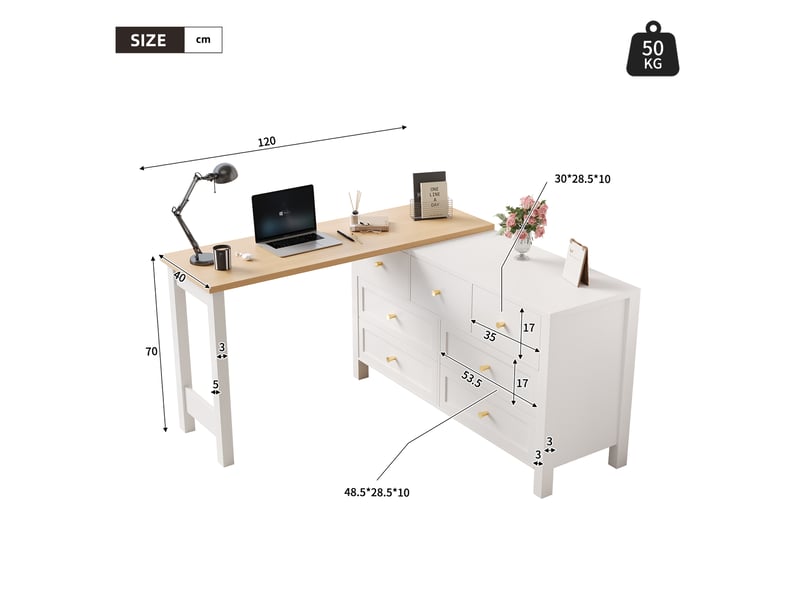 Bureau d'angle 120x40x70 cm avec 7 tiroirs, bureau avec rangement et plateau pivotant 360°, meuble blanc aspect chêne - blanc - Conforama E