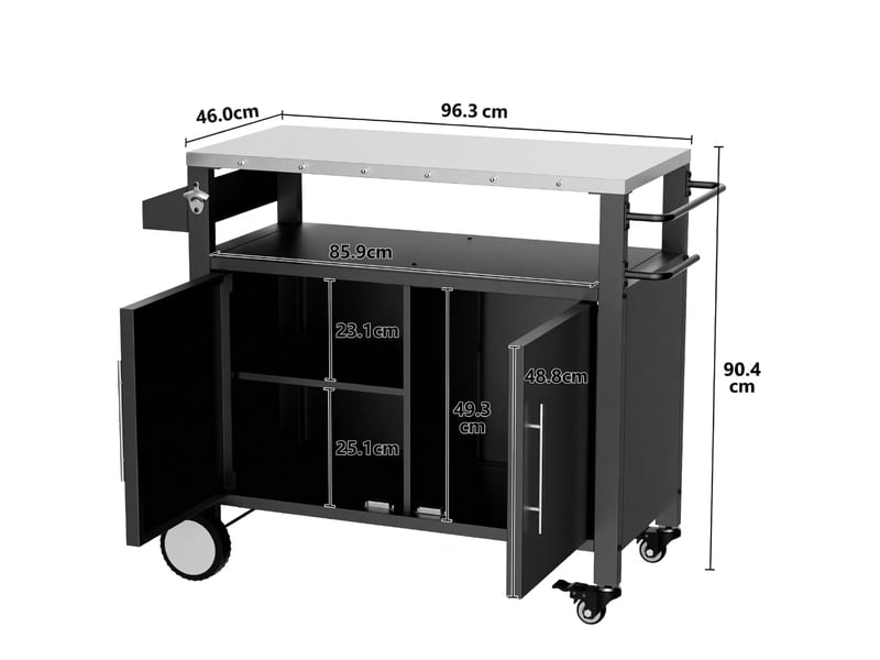  Chariot de barbecue à 2 portes avec étagère ouverte, crochets, porte-épices et roulettes pour jardin, noir  - Conforama C